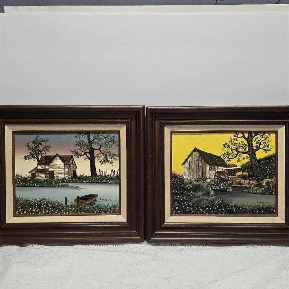H Hargrove Original Oil Painting Set Lakehouse / Water Wheel Mill Vintage 1983